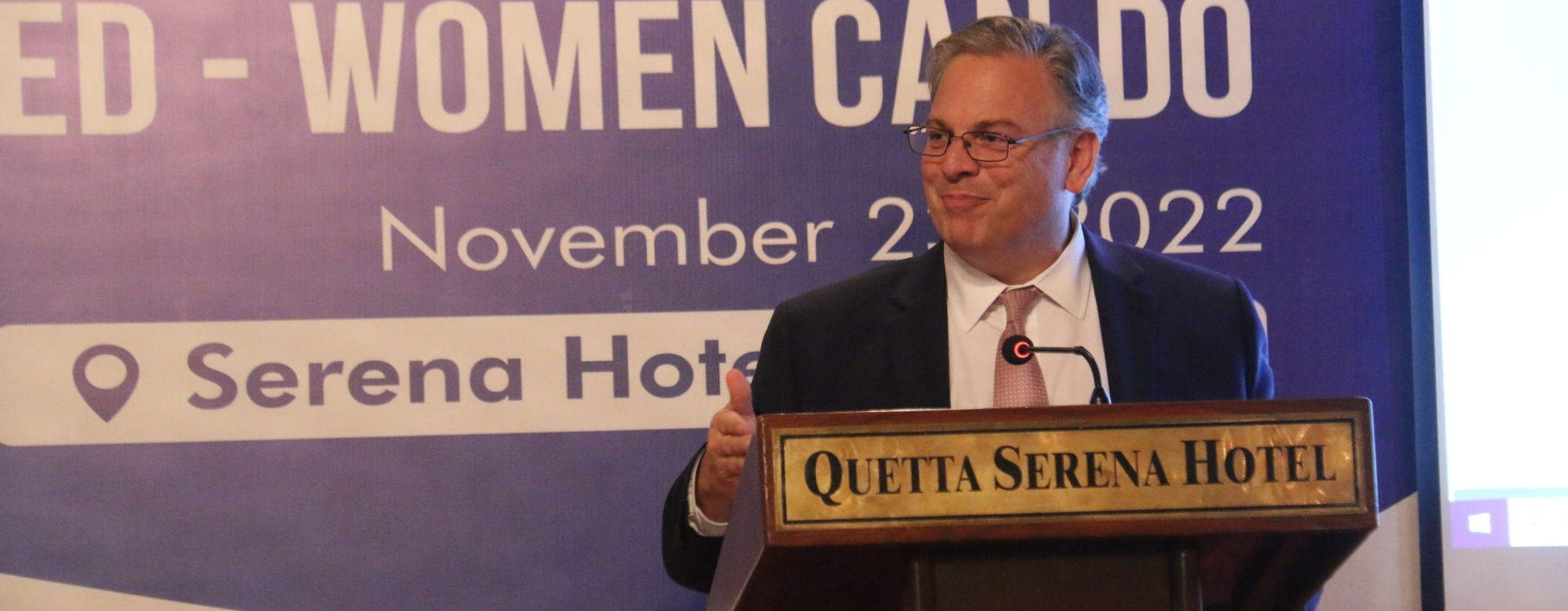 Donald Blome (U.S. Ambassador to Pakistan) addressing the audience with his remarks at Serena, Quetta