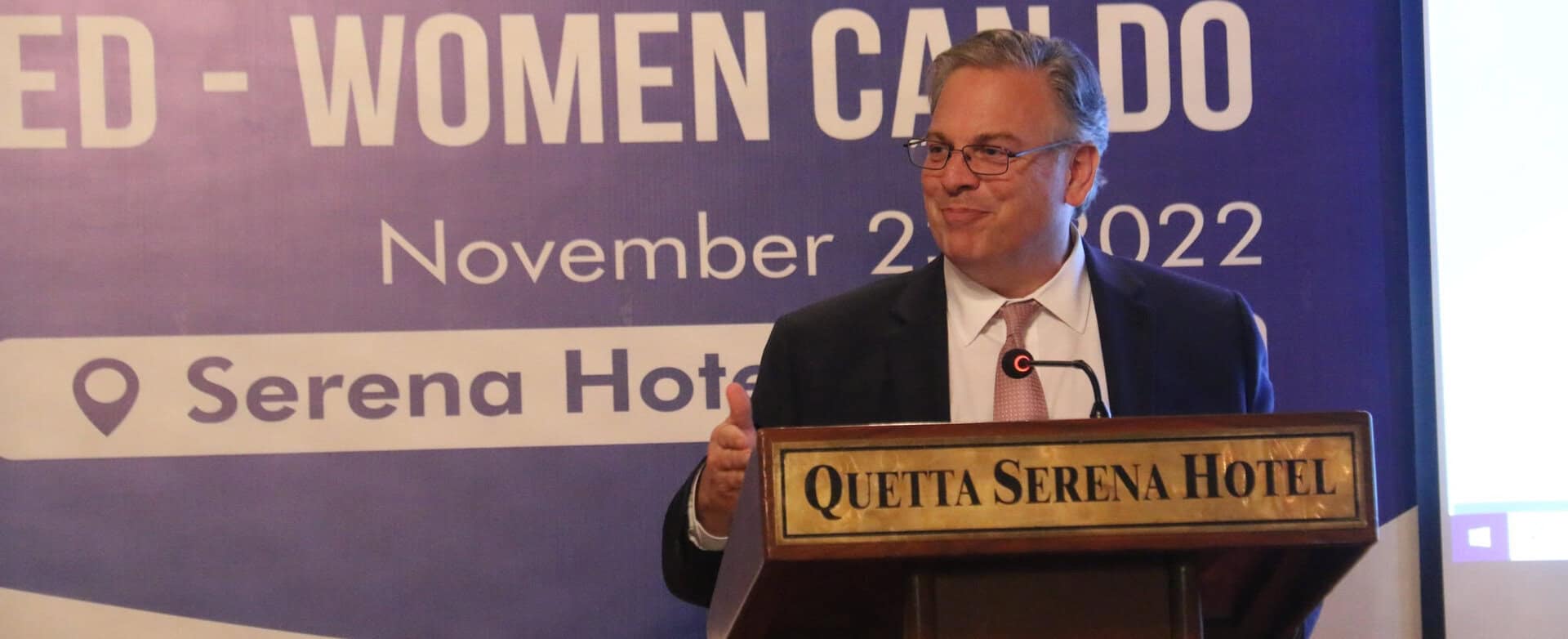 Donald Blome (U.S. Ambassador to Pakistan) addressing the audience with his remarks at Serena, Quetta