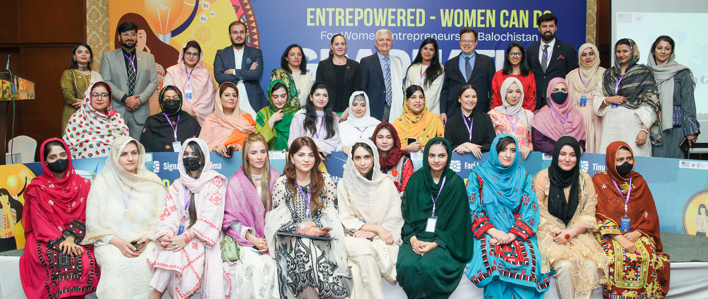 Top Row: Consul General, Conrad Tribble of the U.S. Consulate Karachi along with Syed Ali Hameed (Chairman SFEA) and the team of National Incubation Center Quetta and officials from the Consulate including: Zahra Hajyani (Public Engagement Specialist) and Anastasia Kolivas, Public Diplomacy Officer.